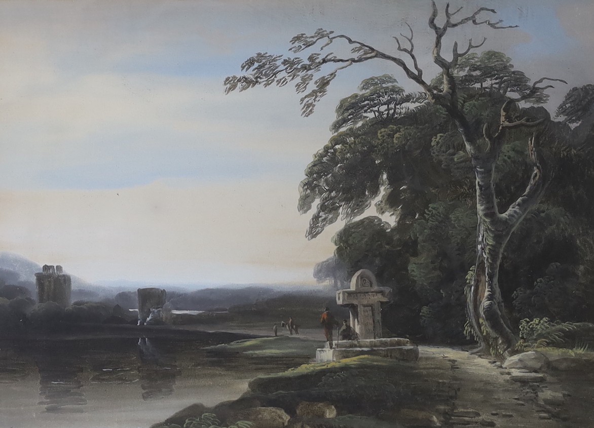 Attributed to Thomas Walmsley (1763-1806), gouache on paper, Landscape with figures beside a tomb, 25 x 34 cm.